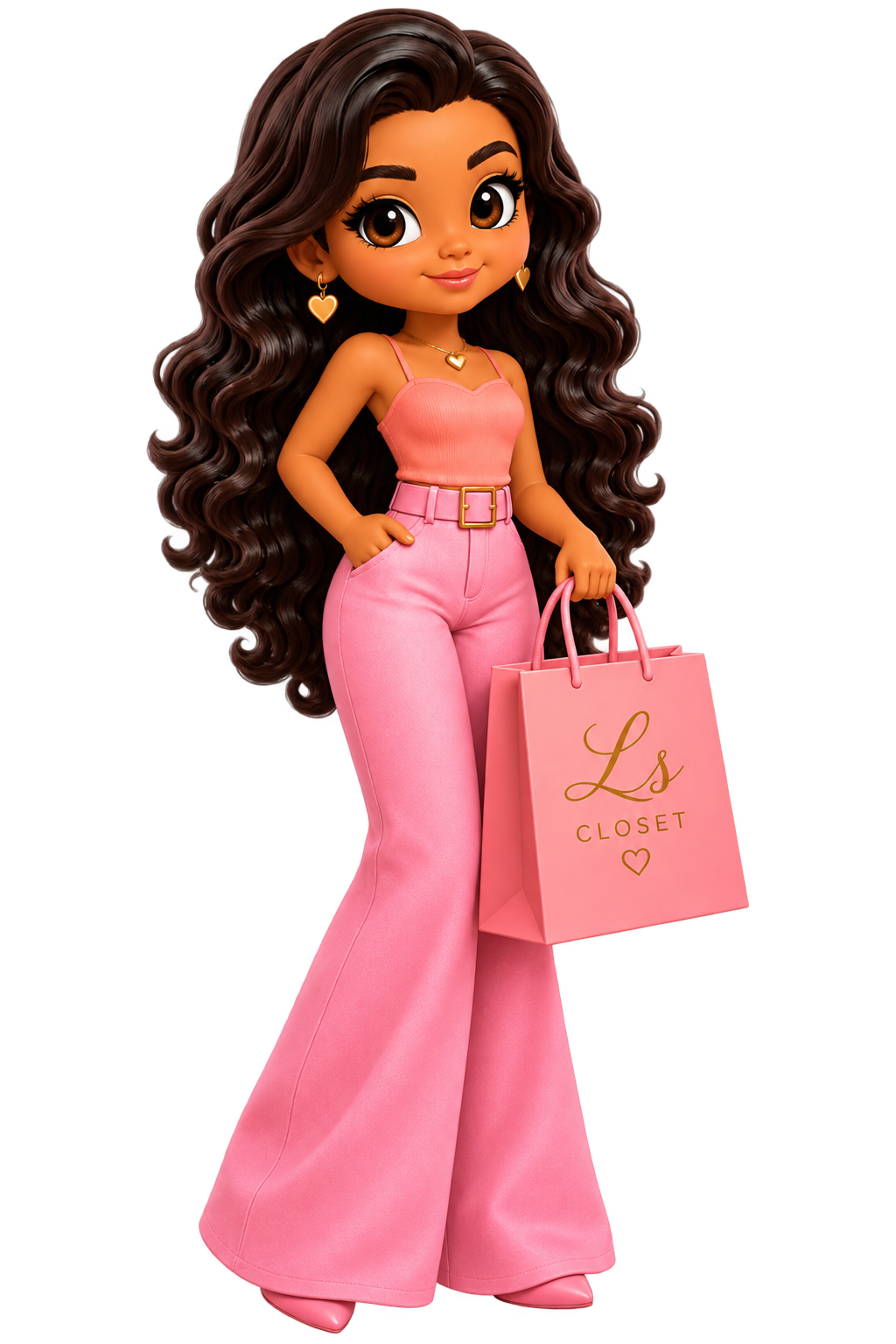 Mascote LS Closet de corpo inteiro, com cabelo longo, roupa rosa e sacola da loja
