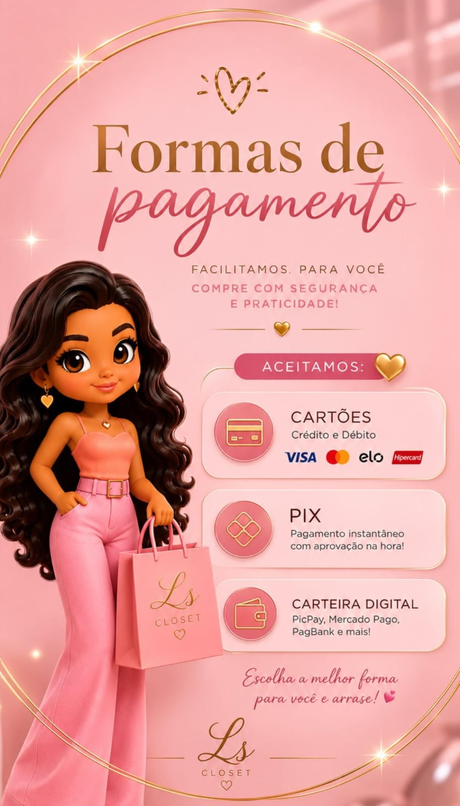 Formas de pagamento da LS Closet: cartões, Pix e carteiras digitais, com a mascote original